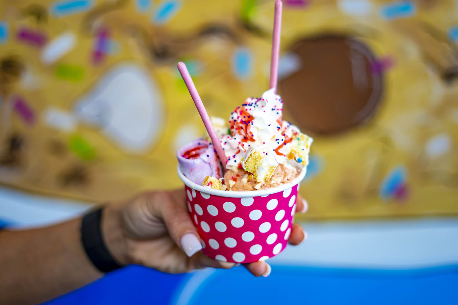 Rolled birthday cake ice cream with Monster Dough cookie dough